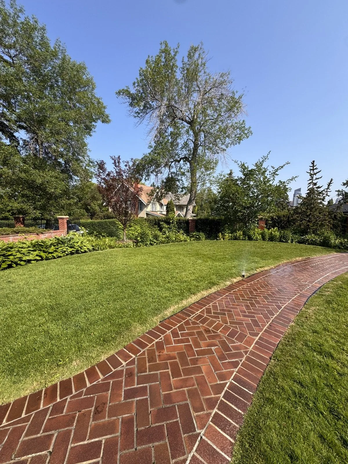 The same brick walk from the lawn side during a cycle